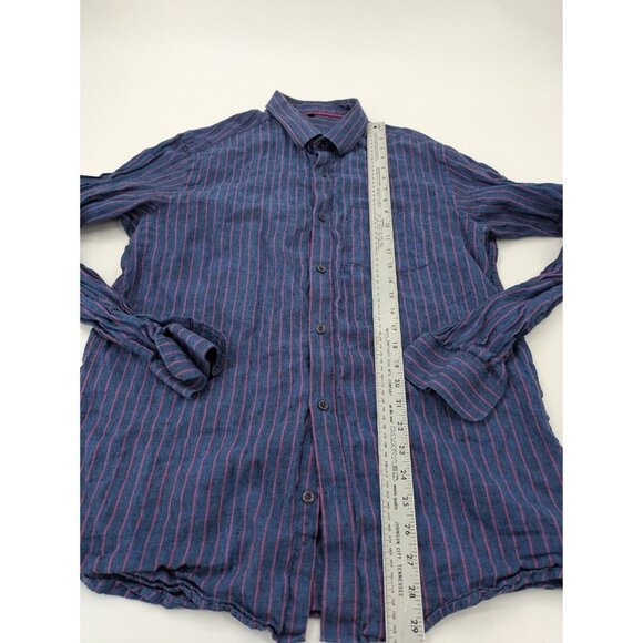 ZF Button‎ Up Shirt Men's XXLarge Blue Purple Striped 100% Linen Casual - Picture 6 of 10